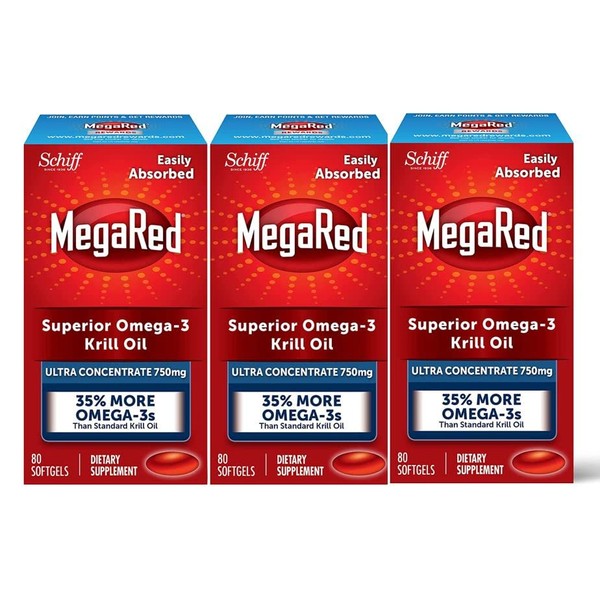 Megared Ultra Strength Krill Oil Omega 3 Supplement, 750mg Krill Oil – EPA & DHA & Antioxidant Astaxanthin for Heart Health, 80 Softgels, No Fish Oil Aftertaste (80 Count (Pack of 3))
