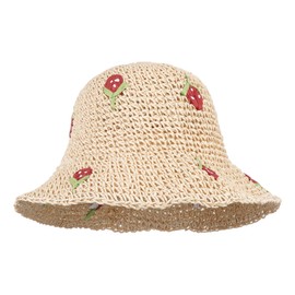 Meliyya Women's Straw Hat Foldable Adjustable Summer Straw Sun Hat Flowers Beach Hat Wide Brim Summer Hat, E-Strawberry Beige