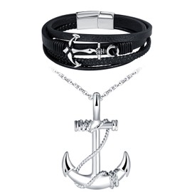 INFINIONLY Men's Stainless Steel Anchor Necklaces and Bracelets Jewellery Sets Creative Chains with Anchor Pendant Fashion Multilayer Braided Leather Bracelet with Anchor and Stainless Steel Clasp