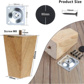 Ianulus Sofa Replacement Legs, Pack of 4 Wooden Furniture Legs, Wooden Table Legs with Screws and Felt Gliders, Wooden Furniture Feet, Oak Wood Colour for Chairs and Sofa (6 cm, Square)