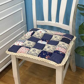 vctops Patchwork Chair Pad with Ties No Slip Lace Trim Chair Cushion Farmhouse Floral Print Kitchen Dining Seat Cushion (307 Dark Blue, 16"x16")