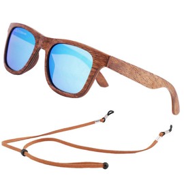 An Swallow Mens Wooden Sunglasses Polarised for Men Women, Womens Wood Sunglasses Bamboo Case with Strap (Walnut Wood, Blue Lens, Round Wood Case)