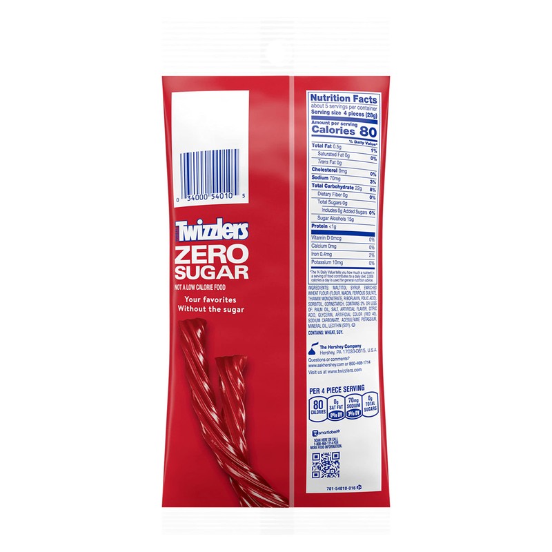 TWIZZLERS Zero Sugar Twists Strawberry Flavored Licorice Style, Candy Bag,