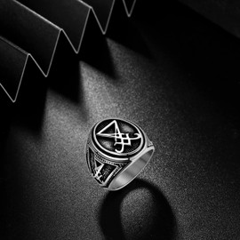 Hipunk Sigil of Lucifer Satanic Ring - Men Gothic Lucifer Satan Stainless Steel Seal Symbol Demon Retro Signet Ring Seal of Satan Devil Occult Symbol Signet Band Ring SR0028G-10