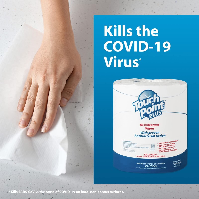 Touch Point Plus Disinfectant Wipes Roll - 1200 8”x6” Wipes,