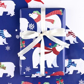 Bolsome 12 Sheets 28 * 20 Inches Polar Bear Wrapping Paper Blue Christmas Snowflake Patterned Gift Wrap Paper for Kids for Birthday Winter Holidays New Year DIY Craft
