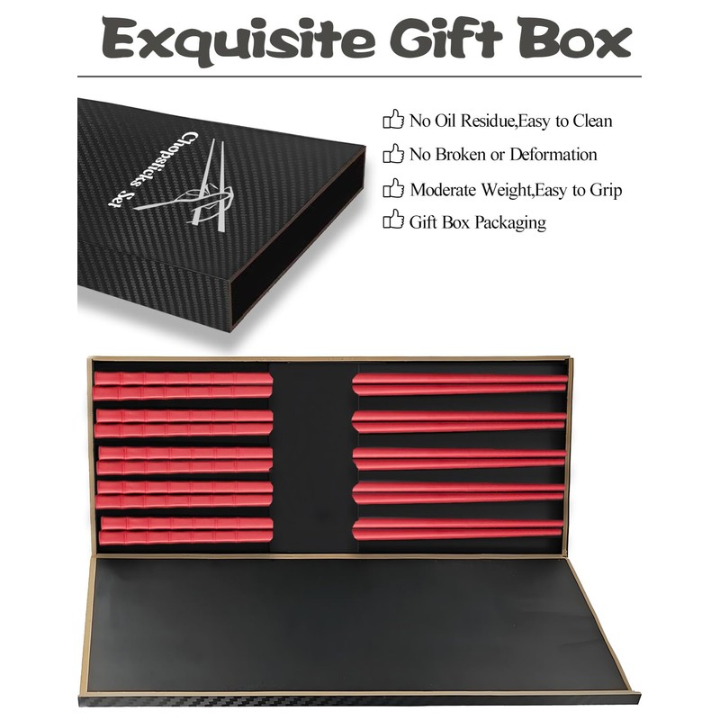 Reusable Chopsticks 5PC - Dishwasher Safe Non-slip Chinese Japanese Style