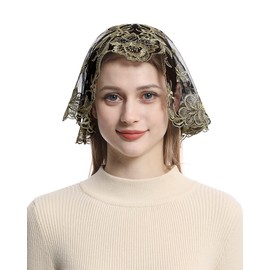 Bozidol Catholic Chapel Mantilla Veil Spanish Church Veil Lace Head Covering for Religious Christian Prayer (Black-Gold)