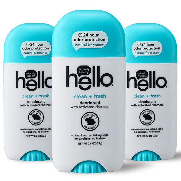 hello Activated Charcoal Fresh and Clean Deodorant for Women and Men, Aluminum Free, Baking Soda Free, Parabens Free, 24 Hour Protection, 2.6 Ounce (Pack of 3)