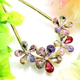 Miaomyao Hairpin Hair Ornament, Kimono, Yukata, U-shape, Long Sleeve, Kimono, Hair Accessory, Metal, Antique, Cherry Blossom, Flower, Crystal Flower, Gold (Multicolored)