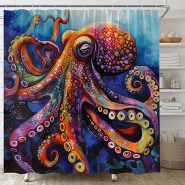 EVRCVAR Octopus Shower Curtain Nautical Kraken Tentacles Colorful Ocean Marine Life Watercolor Art Oil Painting Modern Bathroom Curtain Fabric with Hooks(70" WX70 H)
