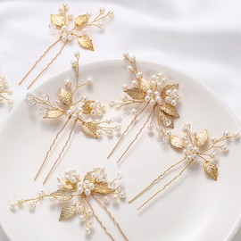 6 Pieces Wedding Pearl Hair Pins Bridal Leaf Head Piece Pearl Hair Flower Hair Accessories Wedding Hair Clips for Women and Girls