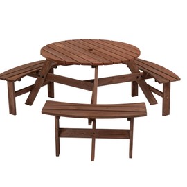 HomVent Wooden Picnic Table and Bench Set, 6-Person Circular Outdoor Table w/ 3 Built-in Benches & Umbrella Hole for Garden, Backyard, Porch (3 Bench, Brown)