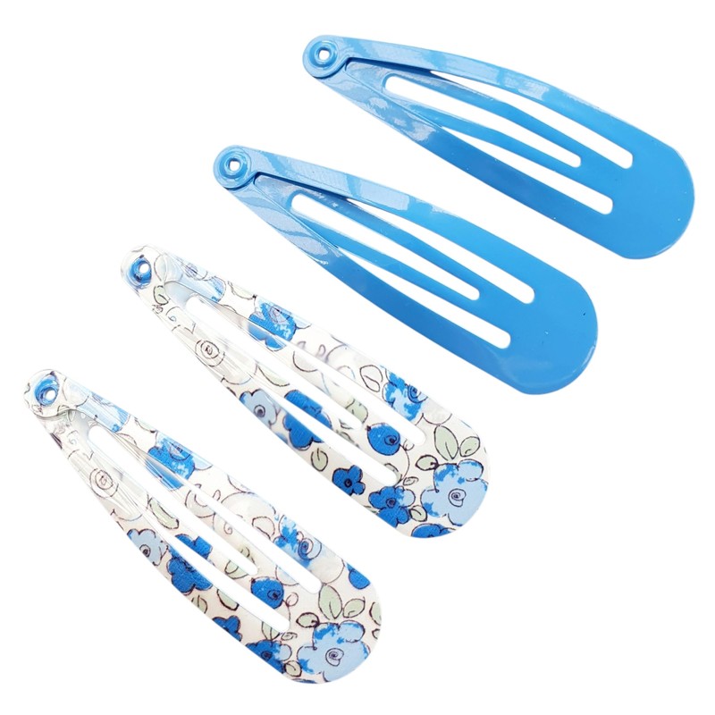 Mibella Trend Haarspangen Set, 4 Stück, Blau und Blumenmuster, Click-Clack