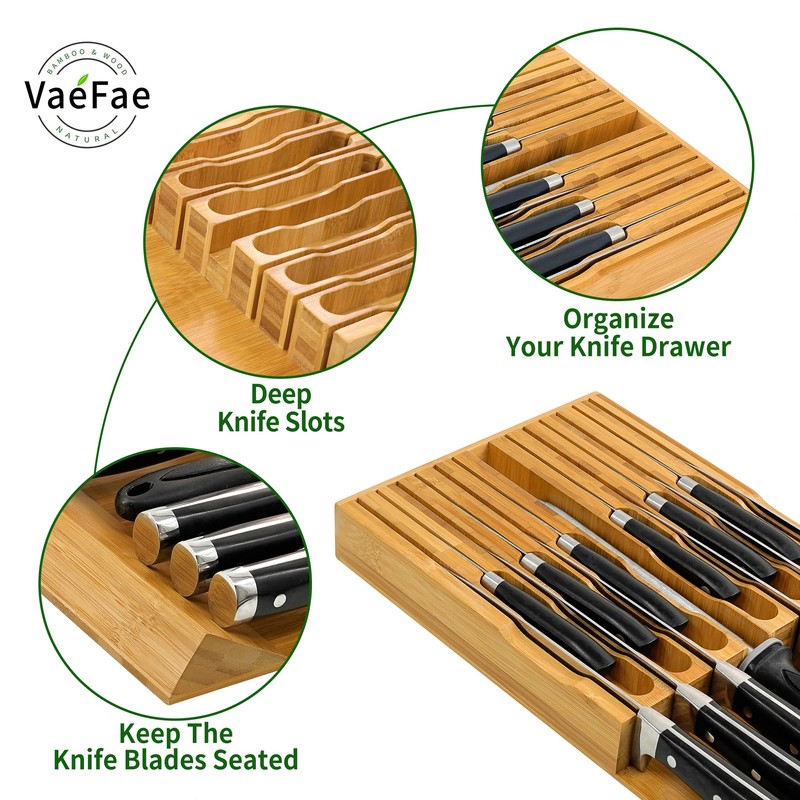 VaeFae Bamboo Knife Drawer Organizer, Knife Drawer Organizer Insert, Kitchen