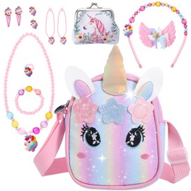 Halinuia Unicorn Bag Set for Girls, Gift with Handbag, Purse, Princess Bracelet, Necklace and Hairpin, Unicorn Birthday Gift, Girls 3-10 Years, S, Plastic, No Gemstone, Plastic, No Gemstone