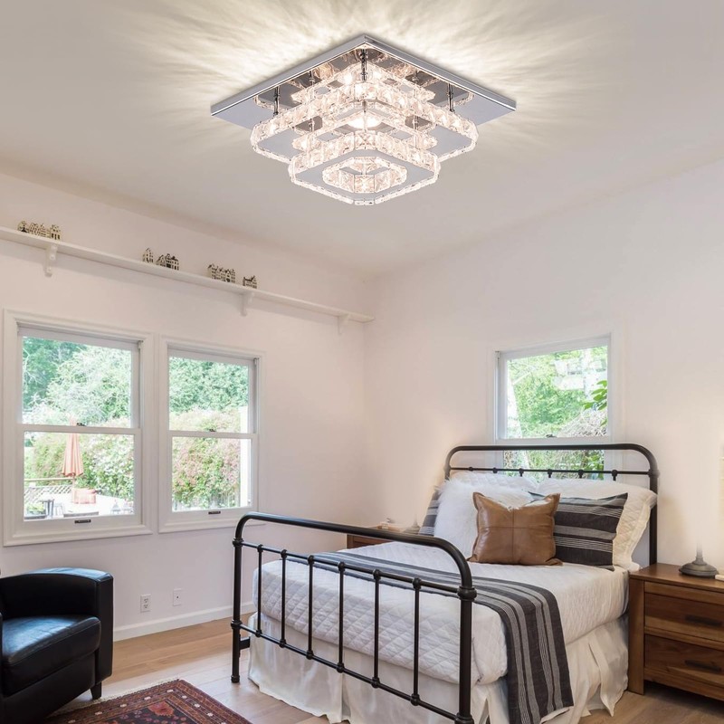 FRIXCHUR Dimmable Crystal Chandelier Ceiling Light with Remote Square Led