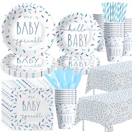 Owelleny Sprinkle Baby Shower Decorations Tableware for Boy, Blue Confetti It's a Baby Sprinkle Party Decorations Supplies, Paper Plate, Napkin, Cup, Disposable Cutlery, Tablecloth, Serves 24