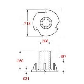 T-NUT 8-32 X 1/4" Length, 4 Prong, Steel, Press-in Threaded Insert for Wood OR Plastic. (Pack of 25)
