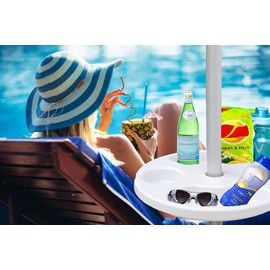 AMMSUN 13" Beach Umbrella Table Tray for Beach, Patio, Garden, Swimming Pool with Cup Holders, Snack Compartments White
