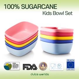 Sugarcane Kids Bowls 3Pack (27oz) - Natural Plastic Dishes for Toddler to Big Kids - Fried Rice & Noodles – Microwaves & Dishwasher Safe – BPA Free, Unbreakable, Reusable - Bright Multi