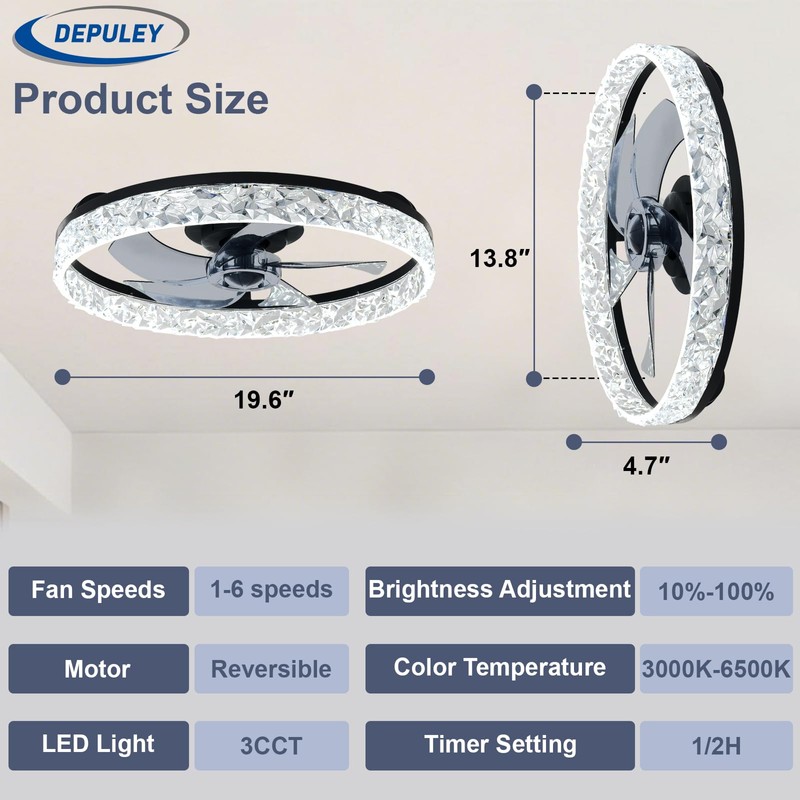 Depuley Modern Ceiling Fan with Light: 20-Inch Dimmable White Small