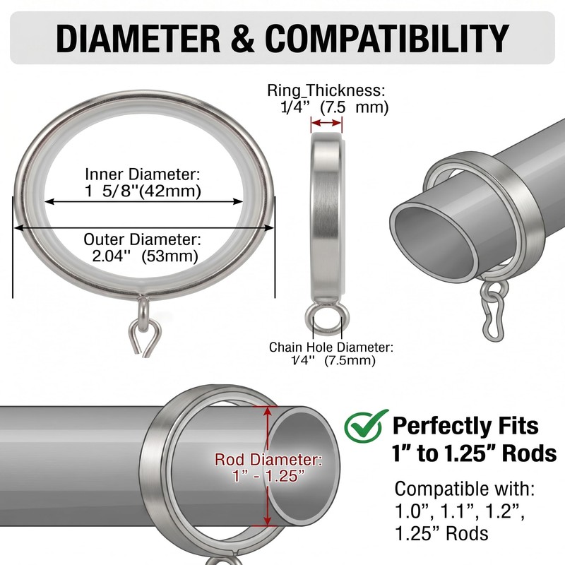 18 Pack Heavy Duty Polished Nickel Curtain Rings with Quieter