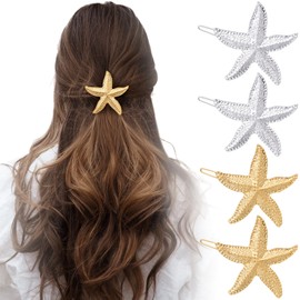 HINZIC 6PCS Starfish Hair Clips, Metal Beach Sea Star Ponytail Holder Headpiece Mermaid Gold Silver Glitter Hair Pins Bangs Side Barrettes Hair Accessories for Women Girls Wedding Birthday Christmas