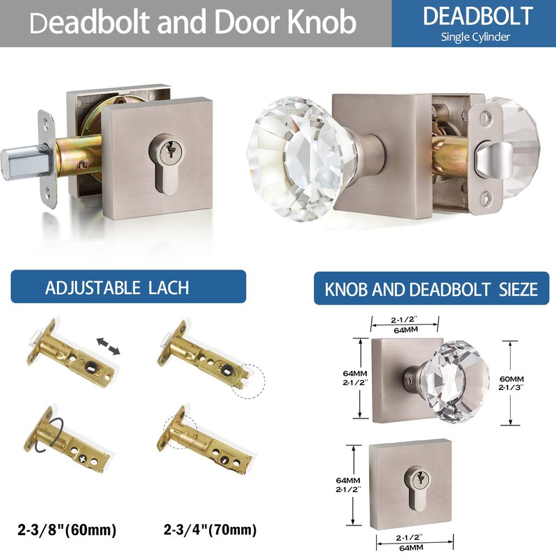 HIEMEY Glass Crystal Diamond Door Knobs and Single Cylinder Deadbolt