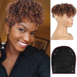 Oseti Afro Kinky Curly Ombre Brown Hair Toppers for Women With Thinning Hair Extensions for Short Hair Clip in Toppers Hair Topper With Bangs Synthetic Pieces Extensions Toupee for Black Women