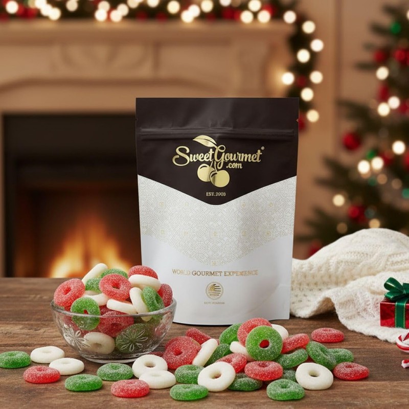 SweetGourmet Gummy Christmas Wreath Candy, 1 Pound Bag, Cherry, Strawberry-Banana