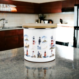Purely Home Lighthouses Tea Storage Canister - Coastal Maritime White Metal Enamel Medium Sized Kitchen Food Storage Container