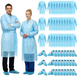 Xuhal 36 Set Blue Disposable Isolation PPE Gowns and Shoe Covers Bulk Fully Closed Double Tie Back Elastic Cuffs for Home Isolation Labs Beauty Agencies Food Service Tattoo Practices Unisex Adult