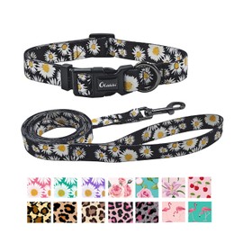 Olahibi Dog Collar and Leash Set, Cute Pink Daisy Pattern, Polyester Material, 5ft Matching Leash, for Small Dogs.(S, Black Daisy)