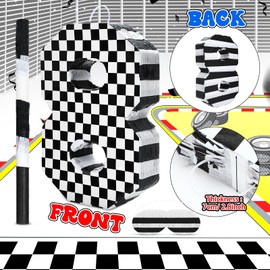 Lewtemi Race Car Number Piñata Small Checkered Race Car Birthday Party Decoration Black and White Racing Piñata with Stick Confetti Eye Mask for Celebration 15.3 x 10.6 x 2.8 Inch(Number 8)