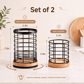 360° Rotating Kitchen Utensil Holder Set of 2, Large & Small Bamboo Metal Utensil Crock for Countertop, Spatula Spoon Ladle & Cooking Tool Organizer with Rotating Base, Farmhouse Kitchen Accessories