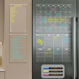 JJPRO Non Magnetic Dry Erase Calendar for Fridge-Reusable Monthly&Weekly Planning Board, List and Blank Board for All Smooth Surfaces. Clear Reusable Board Sticks to Fridge,Wall,Door&Glass