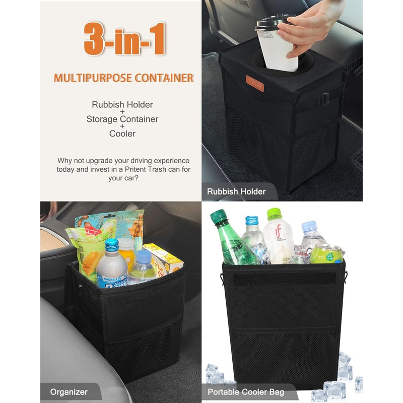 Pritent Car Trash Can with Lid, Cute Leakproof Car Trash