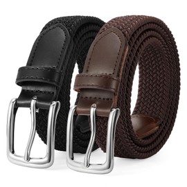 LEACOOLKEY 2 Pack Men’s Braided Elastic Belts Casual Stretch Woven Golf Belts for Jeans Pants， Black+Coffee with silver buckle 1.18" wide