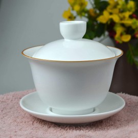 Porcelain Gaiwan 8oz Teacup White Glazed Tureen Chinese Sancai Cover Bowl Lip Cup Saucer Set (Auspicious clouds)
