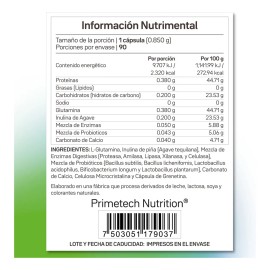 Enzimas digestivas, Probióticos y Prebióticos, 90 cáps ENZI-PLUS Primetech, 50 mg de Enzimas digestivas, 43 mg Probióticos, 200 mg de Inulina de agave y 380 mg de L-Glutamina para la digestión
