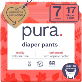 Pura Hypoallergenic Diaper Pants Size 7 (37+ lbs) Overnight, up to 12 Hours Leak Protection, Suitable for Sensitive Skin, Totally Chlorine Free, Soft Organic Cotton, 1 Pack of 17 Pull Up Pants