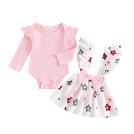 Bufarromio Baby Girls 2 Pieces Skirt Outfits Cute Flower Print Suspender Skirt Clothes Set Bowknot Ruffled Shoulder Skirt Set For Newborn Girls (Red, 3-6 Months)