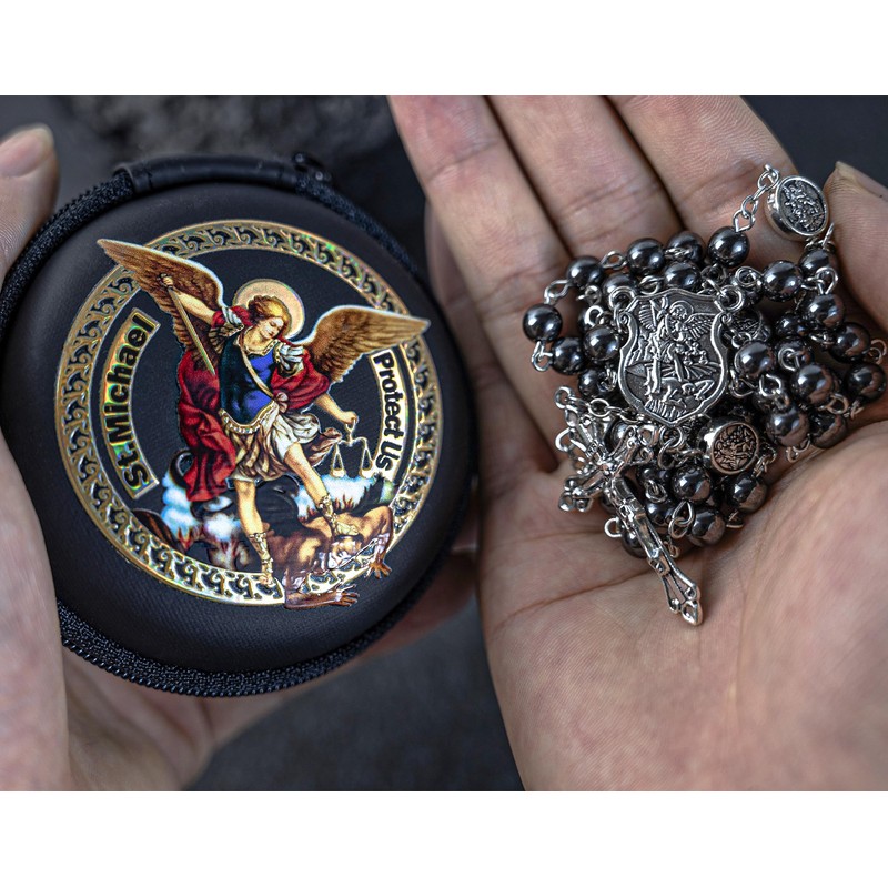 PLONKLY St Michael & St Benedict Hematite Rosary Necklace for