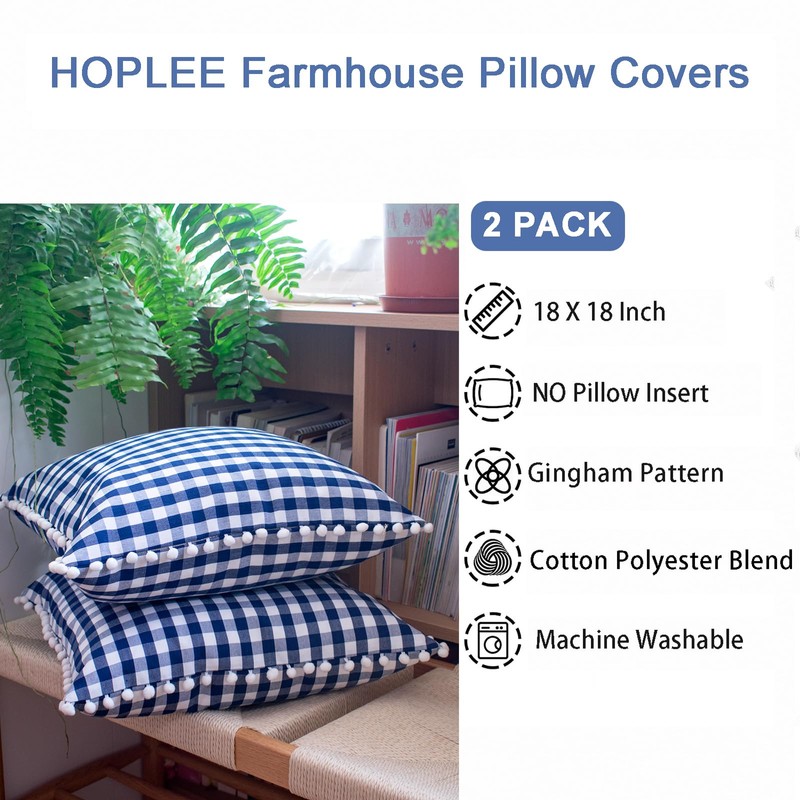 HOPLEE Summer Navy Blue Pillow Covers 18x18 Farmhouse Gingham Pillows