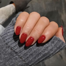 Red Press on Nails Short Almond Fake Nails Press ons, Thick Solid Color Glue on Nails Short False Nails, Medium Almond Nails Oval Round Shaped Nails for Women, 24Pcs Natural Acrylic Gel Nails