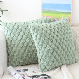 NIULAA Fluffy Cushion Cover, 50 x 50 cm, Sage Green, Set of 2, Plush Decorative Cushion Covers, Soft Striped Cushion Cover, Luxury Fur, Decorative Cushion, Sofa Cushion, Cuddly Cushion Covers, Living