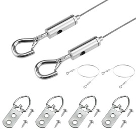 ZIUZI 6.6FT Adjustable Picture Hanging Wire, Heavy-Duty Stainless Steel Wire Rope with D Ring, Hanging Hardware Holds Up to 45lbs for Mirror Light Lamp, Billboards, Basket Flowerpot 4 Kit