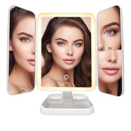 LED Tri-Fold Vanity Mirror with Lights, Touch Screen and 3X/2X/1X Magnification with 3 Color & Adjustable Brightness, Portable Rechargeable Makeup Mirror Pro with Lights Dollar for Desk Dorm Travel