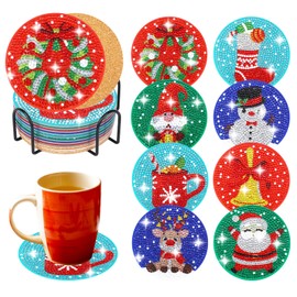 8 Pcs Christmas Diamond Painting Coasters with Holder,Christmas Themed DIY Diamond Painting,Diamond Art Coasters Father Christmas for Beginners,Adults & Kids Art Craft Supplies 10cm